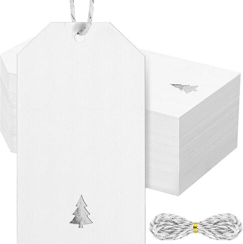 100 Pcs Christmas Gift Tags with String, 3.5 x 2 Inch White Gift Tags with Foil Christmas Tree Design Present Wrapping Labels for Xmas Holidays New Year Presents Wrapping Decor(Gold) in Saudi Arabia