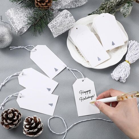 100 Pcs Christmas Gift Tags with String, 3.5 x 2 Inch White Gift Tags with Foil Christmas Tree Design Present Wrapping Labels for Xmas Holidays New Year Presents Wrapping Decor(Gold) in Saudi Arabia