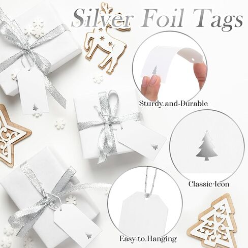 100 Pcs Christmas Gift Tags with String, 3.5 x 2 Inch White Gift Tags with Foil Christmas Tree Design Present Wrapping Labels for Xmas Holidays New Year Presents Wrapping Decor(Gold) in Saudi Arabia