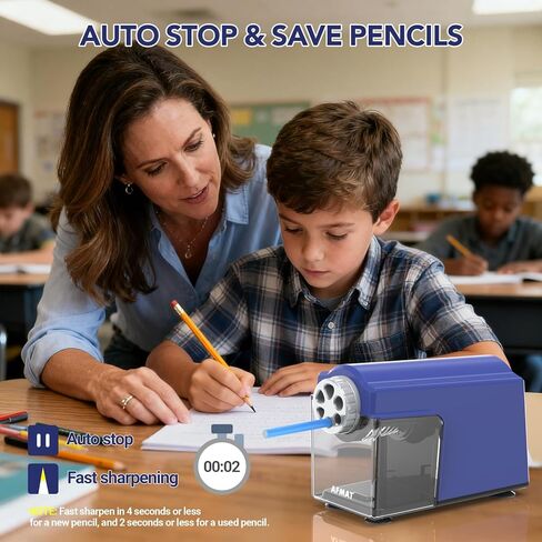 Afmat Electric Pencil Sharpener Heavy Duty ، 6 ثقوب ، فائقة السوبر ، التوقف التلقائي وحفظ أقلام الرصاص ، 10000 مرات شحذ ، وضيع قلم رصاص قابل لإعادة الشحن لمدة 6-11 ملم رقم 2/كبيرة/ملونة ، أسود in Kuwait