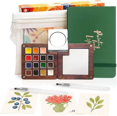 Mini Watercolor Paint Set - 15 Color Travel Watercolor Kit, Pocket Watercolor Paint Palette Set with Watercolor Book, Binder Clips, Pens, Storage Bag, Wooden Paint Box for Painters Artists Student in Kuwait