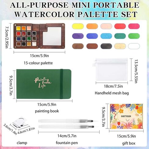 Mini Watercolor Paint Set - 15 Color Travel Watercolor Kit, Pocket Watercolor Paint Palette Set with Watercolor Book, Binder Clips, Pens, Storage Bag, Wooden Paint Box for Painters Artists Student in Kuwait