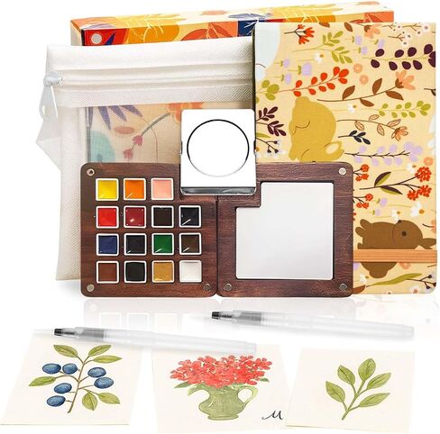 Mini Watercolor Paint Set - 15 Color Travel Watercolor Kit, Pocket Watercolor Paint Palette Set with Watercolor Book, Binder Clips, Pens, Storage Bag, Wooden Paint Box for Painters Artists Student in Kuwait