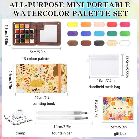 Mini Watercolor Paint Set - 15 Color Travel Watercolor Kit, Pocket Watercolor Paint Palette Set with Watercolor Book, Binder Clips, Pens, Storage Bag, Wooden Paint Box for Painters Artists Student in Kuwait