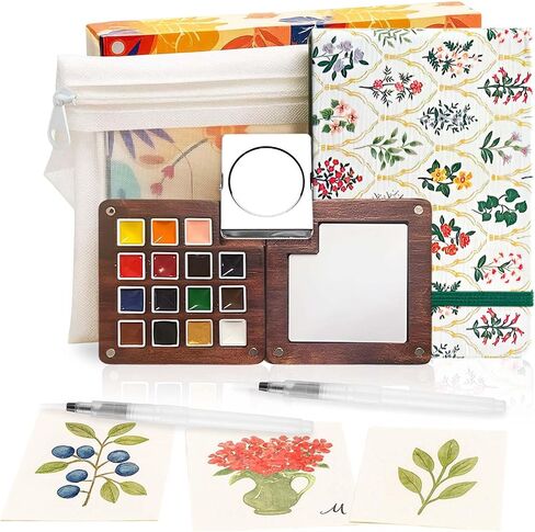 Mini Watercolor Paint Set - 15 Color Travel Watercolor Kit, Pocket Watercolor Paint Palette Set with Watercolor Book, Binder Clips, Pens, Storage Bag, Wooden Paint Box for Painters Artists Student in Kuwait