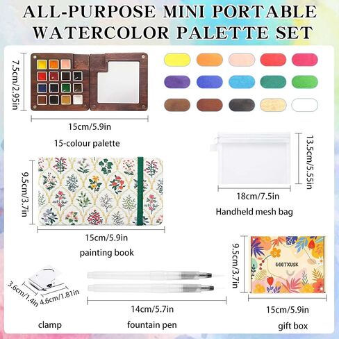 Mini Watercolor Paint Set - 15 Color Travel Watercolor Kit, Pocket Watercolor Paint Palette Set with Watercolor Book, Binder Clips, Pens, Storage Bag, Wooden Paint Box for Painters Artists Student in Kuwait