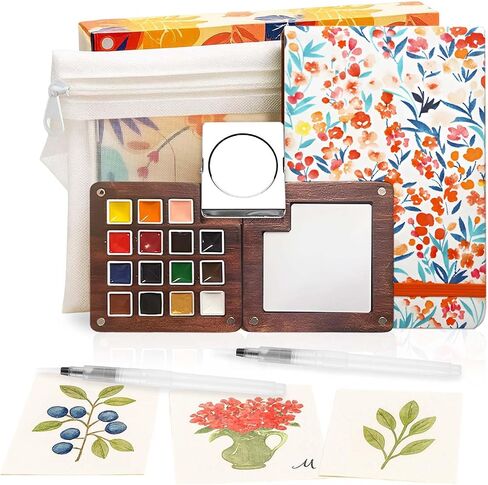 Mini Watercolor Paint Set - 15 Color Travel Watercolor Kit, Pocket Watercolor Paint Palette Set with Watercolor Book, Binder Clips, Pens, Storage Bag, Wooden Paint Box for Painters Artists Student in Kuwait