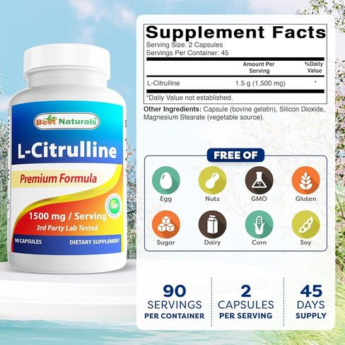كبسولات L-Citrulline من Best Naturals - 1500 ملجم/الجرعة - غير معدلة وراثيًا - خالية من الغلوتين - 90 كبسولة (90 قطعة (عبوة من 1)) in Saudi Arabia