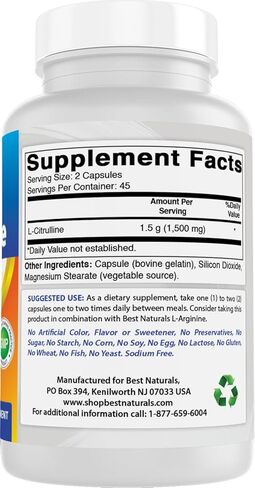 كبسولات L-Citrulline من Best Naturals - 1500 ملجم/الجرعة - غير معدلة وراثيًا - خالية من الغلوتين - 90 كبسولة (90 قطعة (عبوة من 1)) in Saudi Arabia