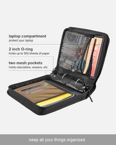 2 Inch 3-Ring Zipper Binder with Shoulder Strap, O-Ring Zip Up Binder with 500 Sheet Capacity, Compatible with 13" MacBook/Tablet, for School, Office (Black) in Saudi Arabia
