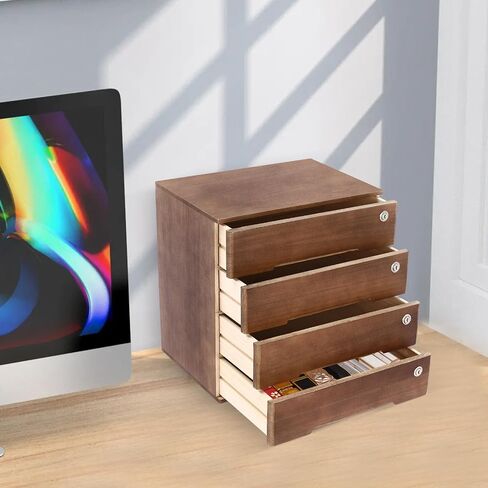 Desktop File Cabinet, Minimalist Wooden Organizer with 4 Lockable Drawers, Compact Storage for Documents, Bills & Office Supplies, Walnut Finish in Saudi Arabia