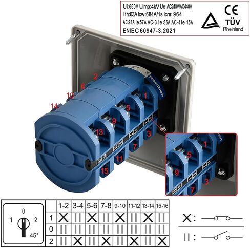Universal Rotary Changeover Switch SZW26-63/D404.4D 660V 63A ON-OFF-ON 3 Position 4 Phase 4NO+4NC 16 Terminals CE with Master Switch Exterior Box LW28-63/4 in Saudi Arabia