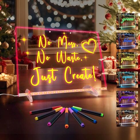 Solorage X Acrylic LED Note Board مع الضوء ، 13.7 "× 10" - 7 ألوان و 4 أوضاع ، لوحة ضوء محو جافة قابلة لإعادة الكتابة للأطفال. يتضمن موقفًا غير مرئي ، وسلسلة معلقة ، و 7 علامات ، وزجاجة رش ، وقماش in Kuwait