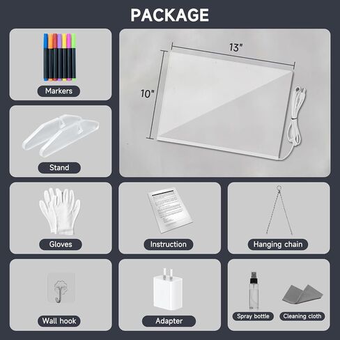 Solorage X Acrylic LED Note Board مع الضوء ، 13.7 "× 10" - 7 ألوان و 4 أوضاع ، لوحة ضوء محو جافة قابلة لإعادة الكتابة للأطفال. يتضمن موقفًا غير مرئي ، وسلسلة معلقة ، و 7 علامات ، وزجاجة رش ، وقماش in Kuwait