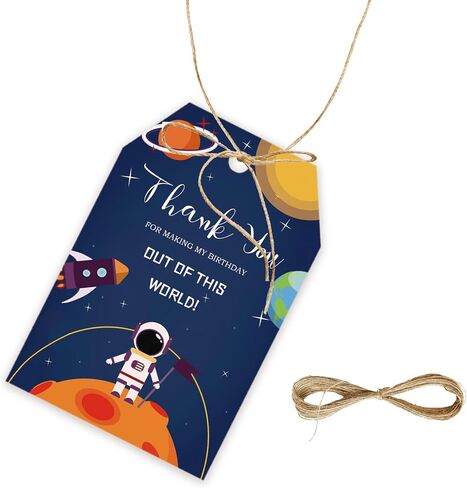 50pcs Outer Space Thank You Tags, Rocket Ship Gift Tag with String for Astronaut Planet Party, Thank You Paper Tags for Boy Birthday/Space Themed Party Favors in Saudi Arabia