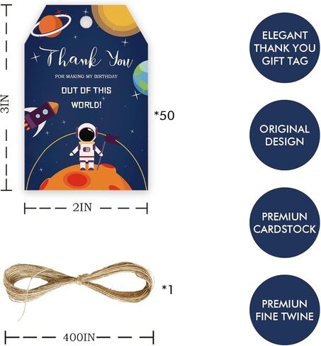 50pcs Outer Space Thank You Tags, Rocket Ship Gift Tag with String for Astronaut Planet Party, Thank You Paper Tags for Boy Birthday/Space Themed Party Favors in Saudi Arabia