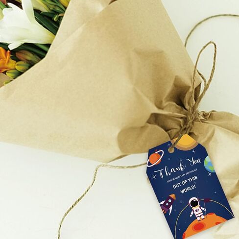 50pcs Outer Space Thank You Tags, Rocket Ship Gift Tag with String for Astronaut Planet Party, Thank You Paper Tags for Boy Birthday/Space Themed Party Favors in Saudi Arabia