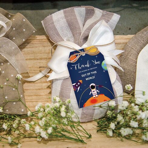 50pcs Outer Space Thank You Tags, Rocket Ship Gift Tag with String for Astronaut Planet Party, Thank You Paper Tags for Boy Birthday/Space Themed Party Favors in Saudi Arabia