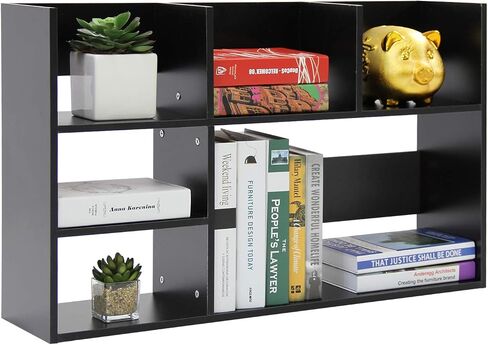 TY ARTS & CULTURE - Wood Desktop Storage Organizer Multipurpose Desk Bookshelf Case Display Large Shelf Rack Counter Top Bookcase for Office Home (Black) in Kuwait