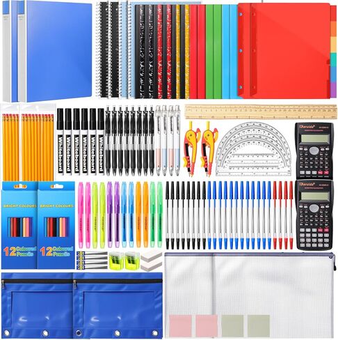 144pcs (2 مجموعة) مجموعة اللوازم الأساسية لمدرسة الثانوية والكليات تشمل أقلام الرصاص المجلدات المتجانسة in Kuwait