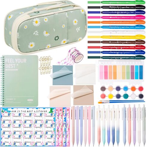 Bible Study Supplies for Women & Journaling Kit - Pencil Case, 12 Colored Highlighters No Bleed, 75 Index Bible Tabs, A5 Notebook, 16 Gel Pens & 4 Transparent Notes - Christian Gifts, Green Daisies in Saudi Arabia
