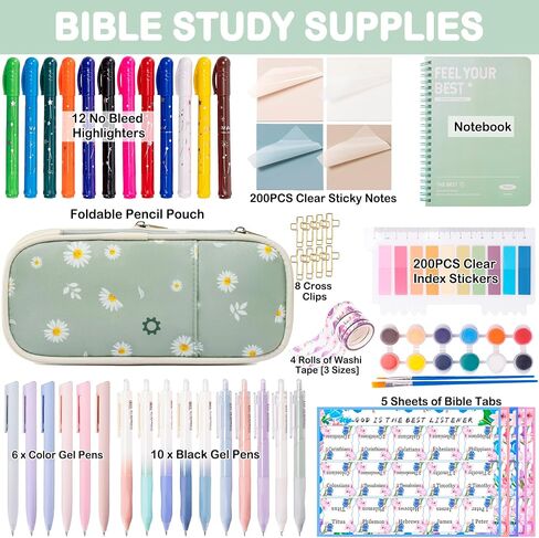 Bible Study Supplies for Women & Journaling Kit - Pencil Case, 12 Colored Highlighters No Bleed, 75 Index Bible Tabs, A5 Notebook, 16 Gel Pens & 4 Transparent Notes - Christian Gifts, Green Daisies in Saudi Arabia