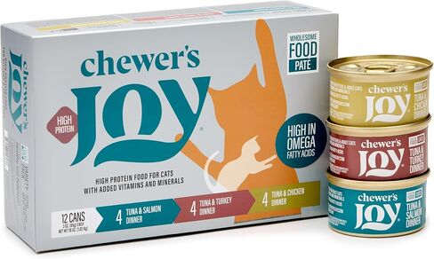 Chewer's Joy Wet Cat Food Food Pack - 3 نكهات: سمك التونة والسلمون ، الدجاج والديك الرومي - Pâté الطبيعي - البروتين العالي - خالية من الحبوب - التغذية الكاملة والمتوازنة - 12 علب (3 أوقية) in Kuwait