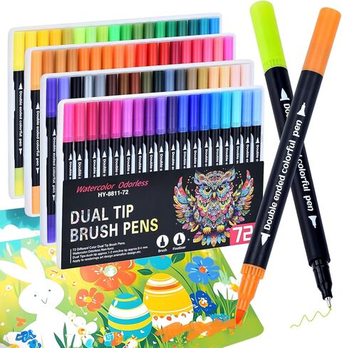 علامات لكتب التلوين للبالغين لا تنزف ، 24 لونًا علامات مزدوجة قائمة على الماء ، نصيحة مزدوجة مع أقلام نصيحة وفرشاة للألعاب الخطية ، مجموعة علامات الإمدادات الفنية لرسم الفنون DIY الحرف اليدوية in Kuwait