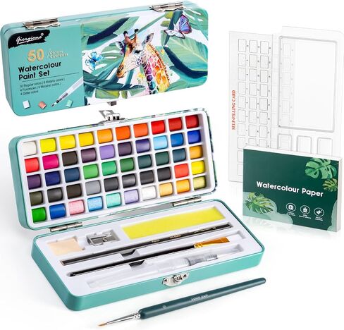 Prudiut Watercolor Paint Set, 50 Colors, Watercolor Set with Watercolor Paper, Palette, Brushes, Ideal for Adults Kids Beginners Artists in Saudi Arabia
