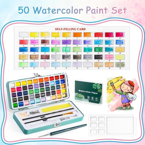 Prudiut Watercolor Paint Set, 50 Colors, Watercolor Set with Watercolor Paper, Palette, Brushes, Ideal for Adults Kids Beginners Artists in Saudi Arabia