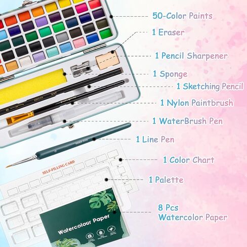 Prudiut Watercolor Paint Set, 50 Colors, Watercolor Set with Watercolor Paper, Palette, Brushes, Ideal for Adults Kids Beginners Artists in Saudi Arabia