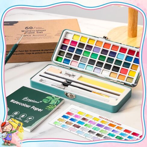 Prudiut Watercolor Paint Set, 50 Colors, Watercolor Set with Watercolor Paper, Palette, Brushes, Ideal for Adults Kids Beginners Artists in Saudi Arabia
