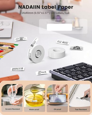 N12 Label Maker Tape N12 ملصقات ، أسود على الورق الحراري الأبيض ذاتي الملصق الشريط الذي يعيد ملء ، 14 × 40 مم (0.55 "x1.57") 180 ملصقات/لفة ، 3 لول ، أبيض in Kuwait