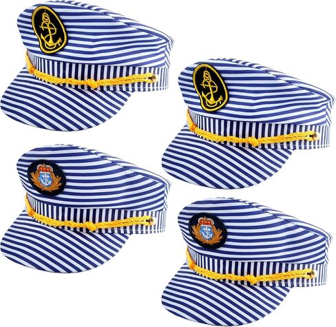 4 Pack Kids Striped Captain Hat Boat Captain Hat Yacht Sailor Cap Blue White Captain Party Hats for Child Halloween Masquerade Party Costume Accessory, 2 Styles in Saudi Arabia