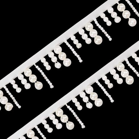 GLOBLELAND 2 Yard White Pearl Fringe Beaded Lace Trim 1.4inch Wide Hanging Bead Tassel Fringe Lace for Sewing Crafts Wedding Dress Clothing Accessories DIY Decoration in Saudi Arabia