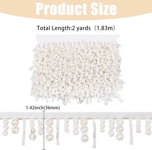 GLOBLELAND 2 Yard White Pearl Fringe Beaded Lace Trim 1.4inch Wide Hanging Bead Tassel Fringe Lace for Sewing Crafts Wedding Dress Clothing Accessories DIY Decoration in Saudi Arabia