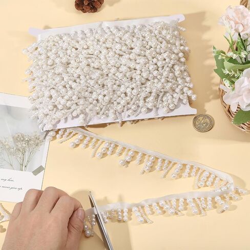 GLOBLELAND 2 Yard White Pearl Fringe Beaded Lace Trim 1.4inch Wide Hanging Bead Tassel Fringe Lace for Sewing Crafts Wedding Dress Clothing Accessories DIY Decoration in Saudi Arabia
