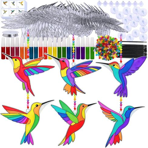 Winlyn 24 Sets Hummingbird Suncatcher Decorations DIY Window Paint Art Craft Kits Rainbow Bird Painting Kit for Kids Classroom stivities pridting summer camping party project project project in Saudi Arabia