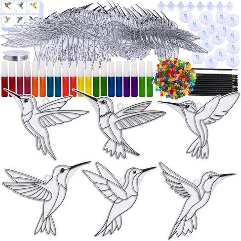 Winlyn 24 Sets Hummingbird Suncatcher Decorations DIY Window Paint Art Craft Kits Rainbow Bird Painting Kit for Kids Classroom stivities pridting summer camping party project project project in Saudi Arabia