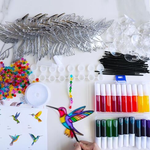 Winlyn 24 Sets Hummingbird Suncatcher Decorations DIY Window Paint Art Craft Kits Rainbow Bird Painting Kit for Kids Classroom stivities pridting summer camping party project project project in Saudi Arabia
