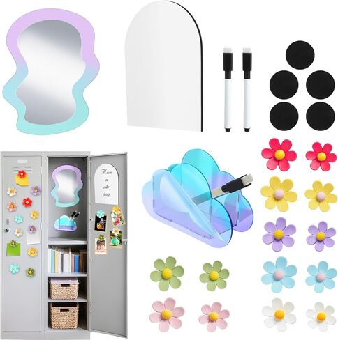 Weysat 19 PCS إكسسوارات الخزانة القزحية التي تعود إلى المدرسة المدارس البيضاء مرآة مرآة زهرة العلامة أكريليك القلم ديكور ديكور الاشياء المنظم لليوم الأول من أساسيات المدرسة (غير منتظمة) in Saudi Arabia