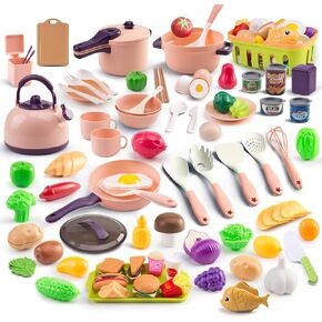 118-Piece Mini Play Kitchen Accessories for Kids Ages 3+, Pretend Cooking Playset with Cookware, Tableware & 2 Fruit Sets, Learning Gift for Girls and Boys, Pink in Saudi Arabia