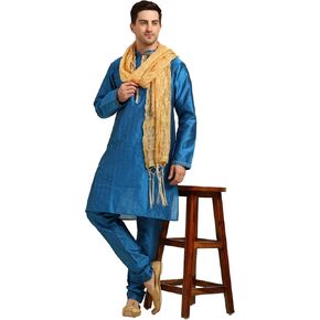 ITOS365 Men's Tunic Art Silk Kurta Pajama and Scarf Suit Set Indian Clothing Wedding Party Dress Gifts Items in Kuwait