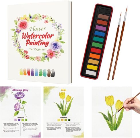 SkilLify Watercolor Workbook, Beginner Watercolor Paint Set, Water Color Book, Arts & Crafts Coloring Book for Adults and Teens with 12-Color Paint Set & Brush (Flowers) in Saudi Arabia