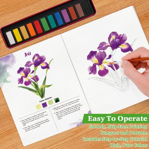 SkilLify Watercolor Workbook, Beginner Watercolor Paint Set, Water Color Book, Arts & Crafts Coloring Book for Adults and Teens with 12-Color Paint Set & Brush (Flowers) in Saudi Arabia