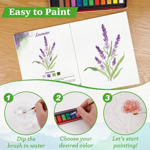 SkilLify Watercolor Workbook, Beginner Watercolor Paint Set, Water Color Book, Arts & Crafts Coloring Book for Adults and Teens with 12-Color Paint Set & Brush (Flowers) in Saudi Arabia