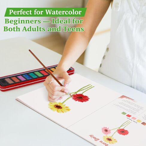 SkilLify Watercolor Workbook, Beginner Watercolor Paint Set, Water Color Book, Arts & Crafts Coloring Book for Adults and Teens with 12-Color Paint Set & Brush (Flowers) in Saudi Arabia