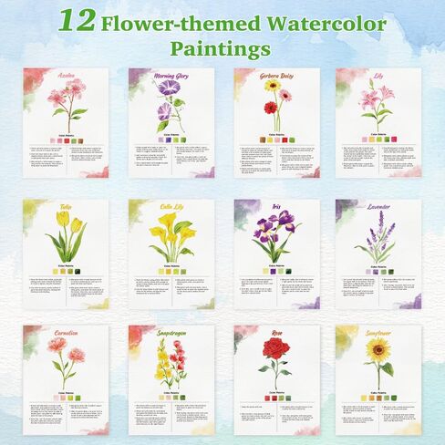SkilLify Watercolor Workbook, Beginner Watercolor Paint Set, Water Color Book, Arts & Crafts Coloring Book for Adults and Teens with 12-Color Paint Set & Brush (Flowers) in Saudi Arabia