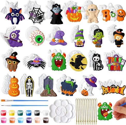 شوهدت 24 مجموعة من أدوات الطلاء DIY Halloween ترسم السيراميك الخاص بك Gumpkin Ghost التماثيل الجص غير مصممة الفنون والحرف مع الفرشاة ، حبل للأطفال هدايا هالوين ديكور (Kawaii) in Saudi Arabia