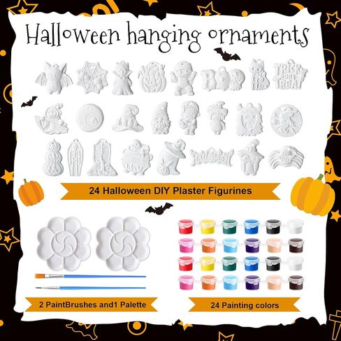 شوهدت 24 مجموعة من أدوات الطلاء DIY Halloween ترسم السيراميك الخاص بك Gumpkin Ghost التماثيل الجص غير مصممة الفنون والحرف مع الفرشاة ، حبل للأطفال هدايا هالوين ديكور (Kawaii) in Saudi Arabia